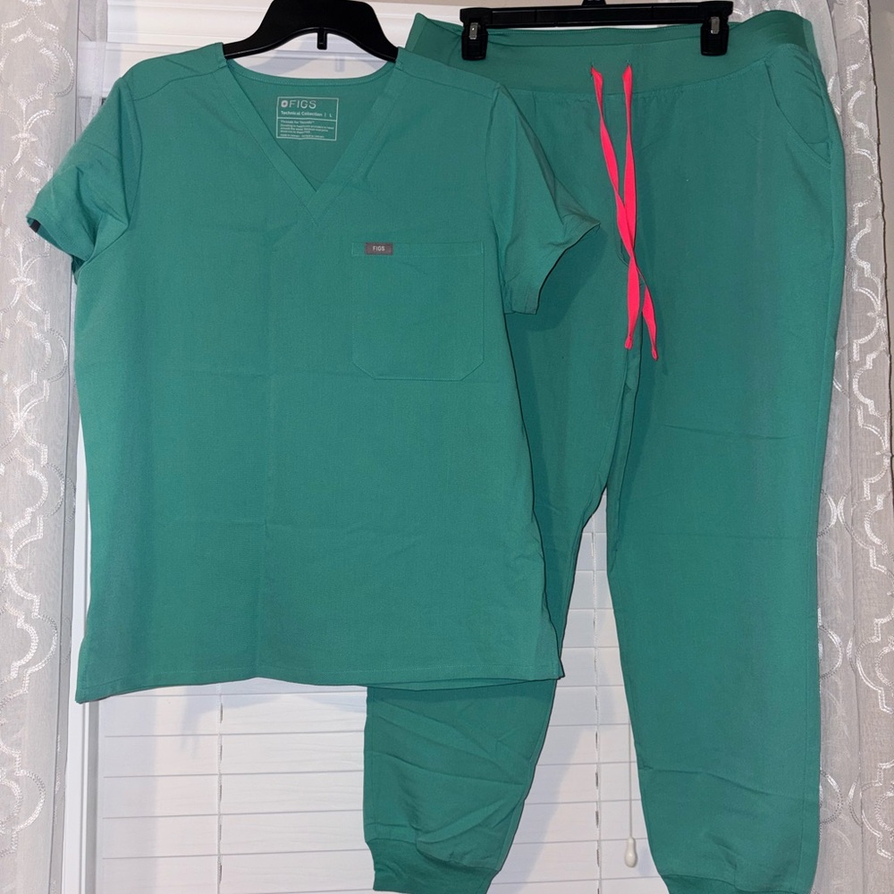 Figs Teal Scrub Set with Neon Pink Drawstrings